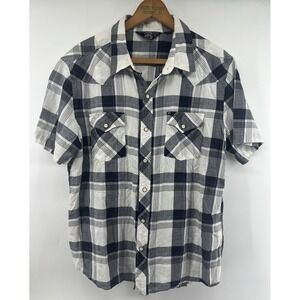 Salt Valley Western Shirt Mens Large Blue White Short Sleeved Pearl Snap Cotton